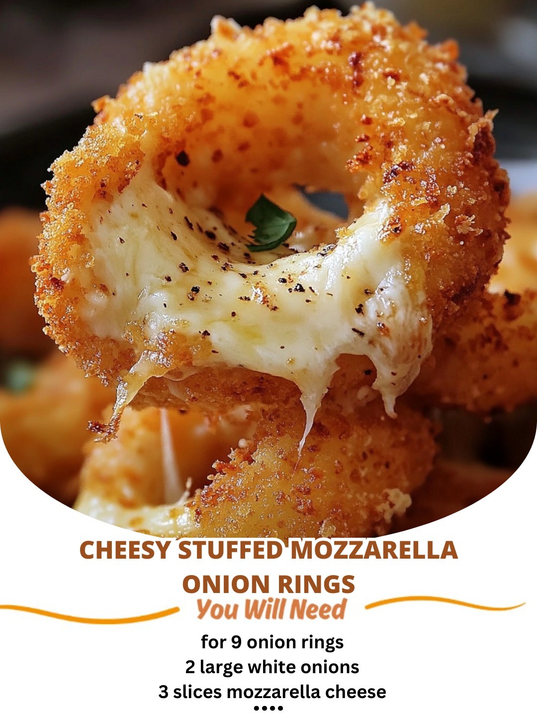 Crispy onion rings stuffed with gooey melted mozzarella cheese, golden-fried to perfection for a delicious snack or appetizer.