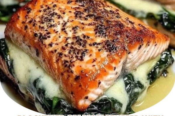 Blackened salmon stuffed with creamy spinach and Parmesan, served with a golden crust