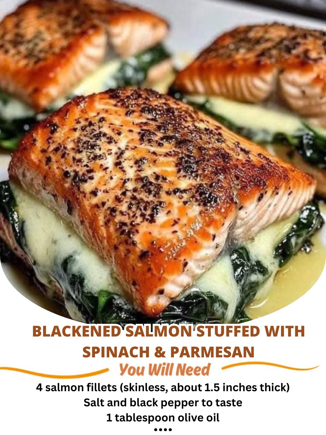 Blackened salmon stuffed with creamy spinach and Parmesan, served with a golden crust