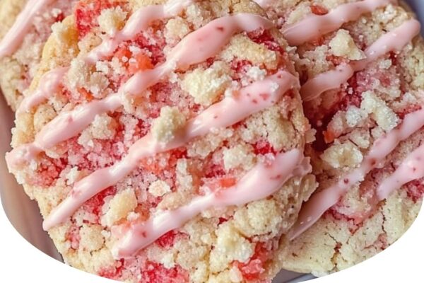 Soft and chewy Strawberry Crunch Cookies topped with a crispy, buttery crumble for a deliciously sweet treat.