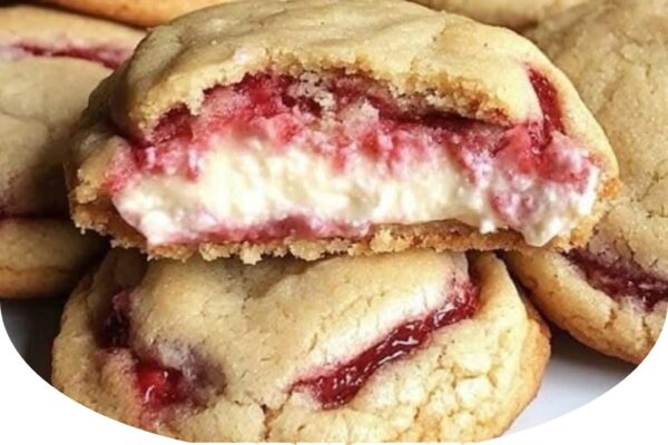 Strawberry cheesecake stuffed cookies with a soft, chewy texture and a creamy filling