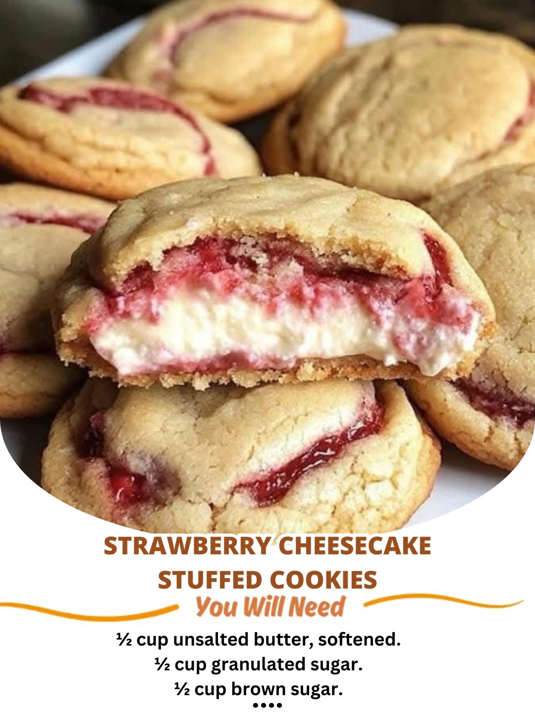 Strawberry cheesecake stuffed cookies with a soft, chewy texture and a creamy filling