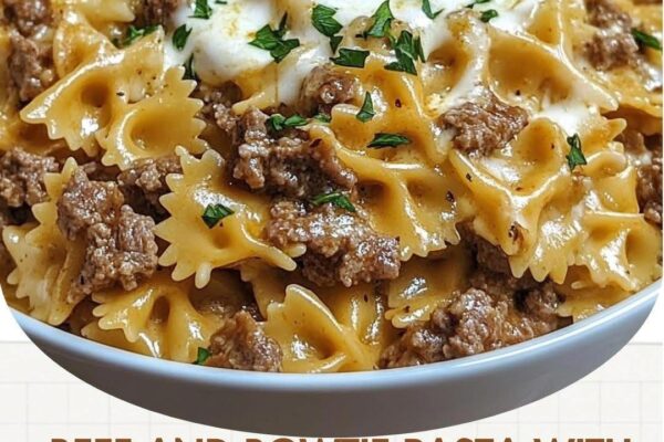 Creamy Beef and Bowtie Pasta with rich Alfredo sauce for a comforting and satisfying meal.