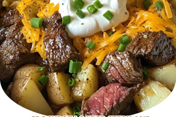 Hearty and flavorful Crockpot Loaded Steak and Potato Bake with cheese, bacon, and savory seasoning