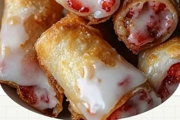 Crispy Strawberry Cheesecake Egg Rolls filled with a sweet, creamy center and dusted with powdered sugar.