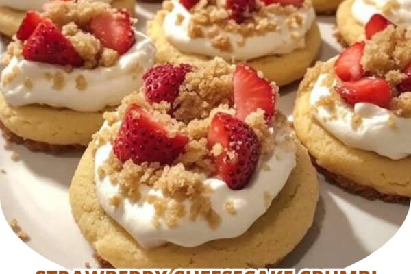 Soft and chewy Strawberry Cheesecake Crumbl Cookies with a creamy cheesecake topping and graham cracker crumble