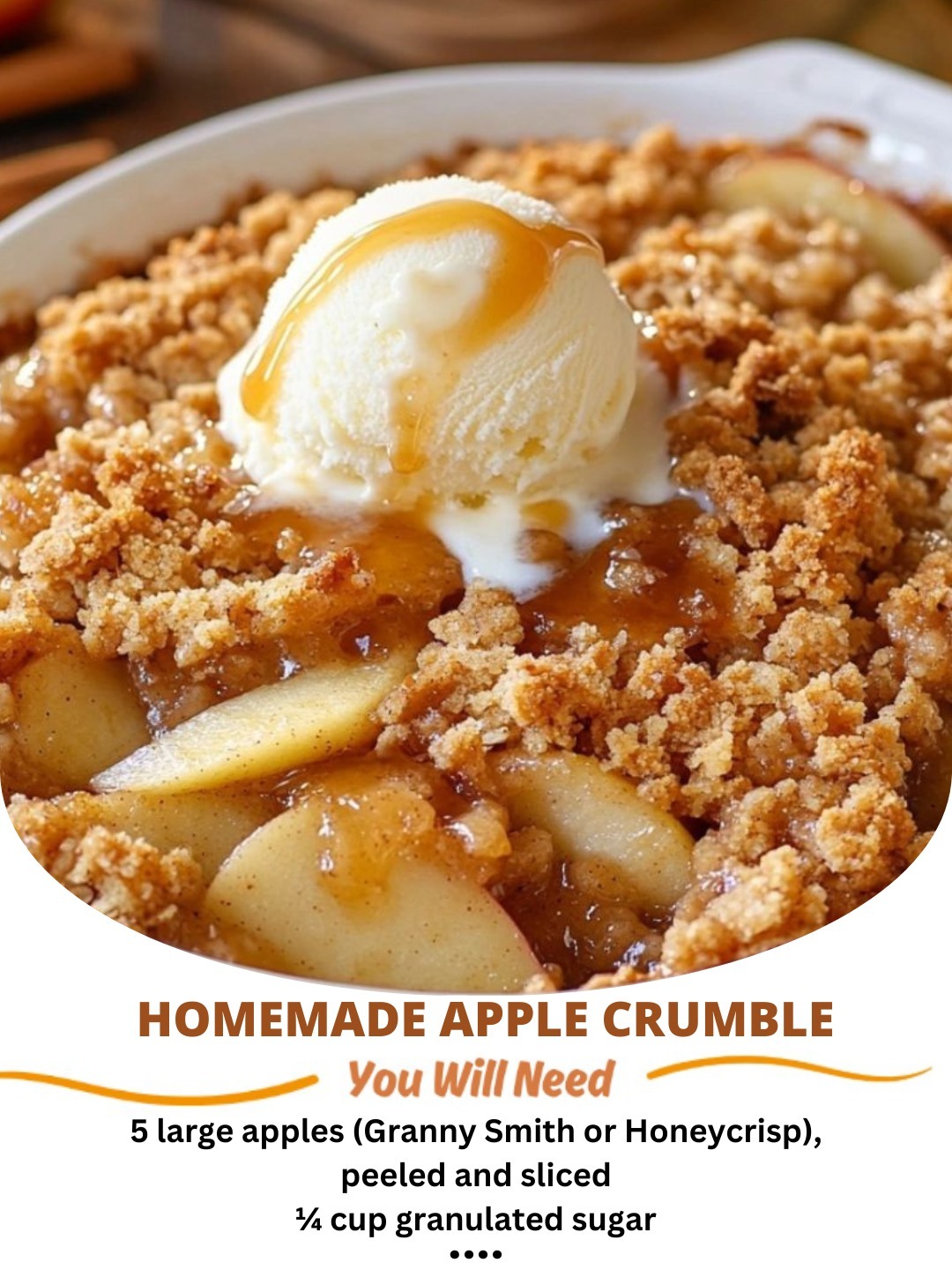 Homemade apple crumble with a golden, crispy topping and warm spiced apples