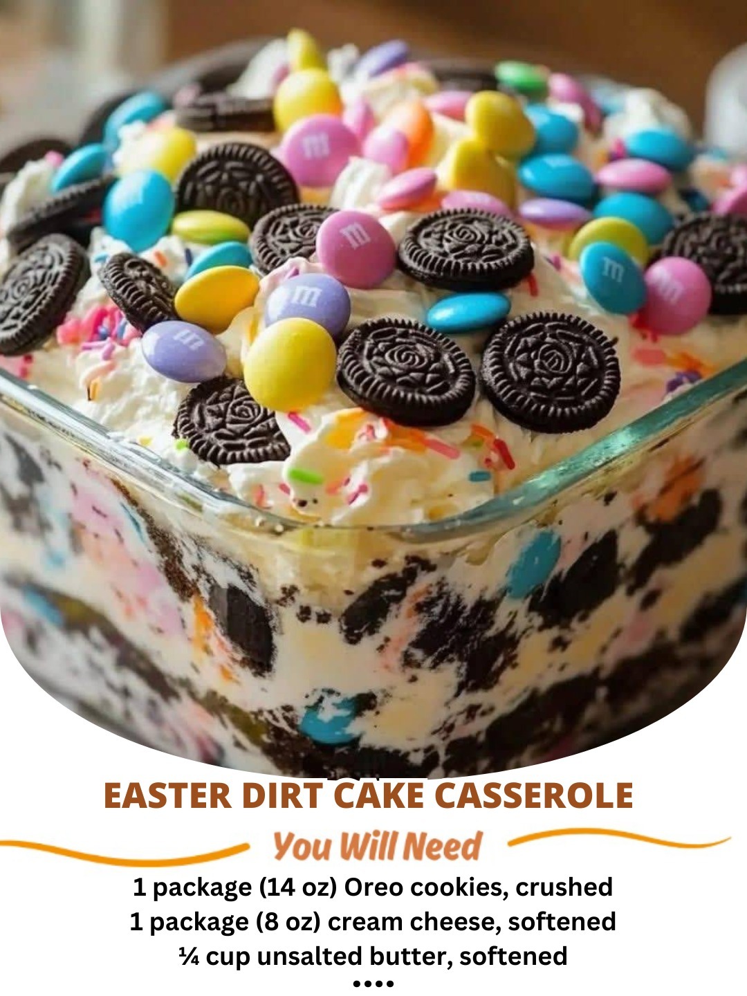 Festive and fun Easter Dirt Cake Casserole with layers of creamy pudding, crushed cookies, and colorful toppings.