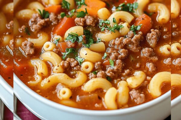 Warm and hearty beef macaroni soup with tender beef, pasta, and a flavorful broth