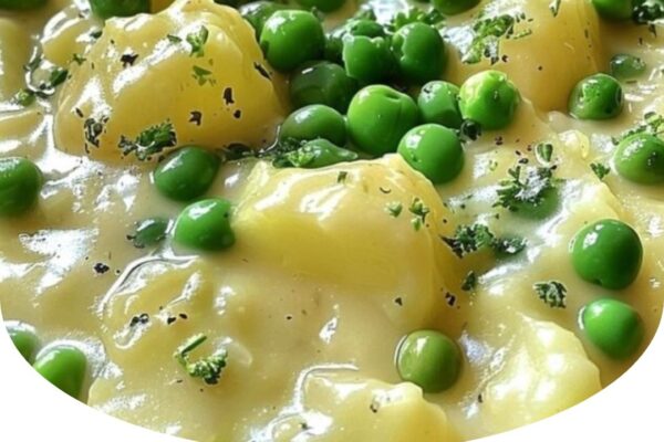 Creamed potatoes and peas in a rich, buttery sauce, served warm and comforting