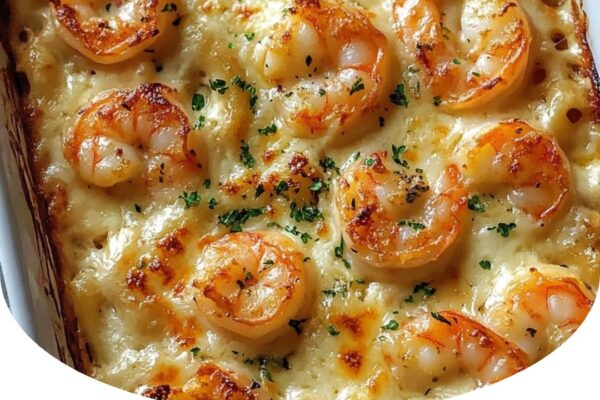 Delicious Shrimp Scampi Pasta Bake with garlic butter sauce and melted cheese.