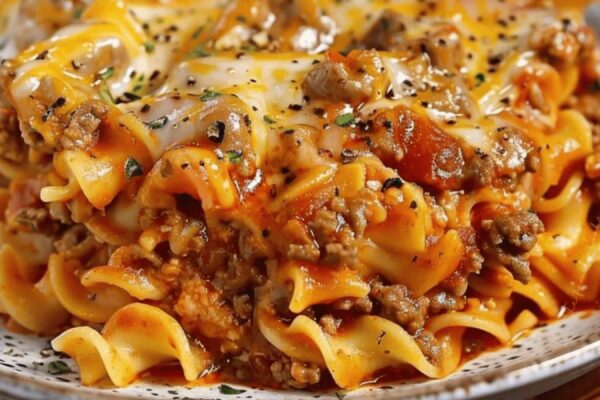 Hearty and budget-friendly Poor Man's Husband Casserole with layers of beef, pasta, and a creamy cheese topping.