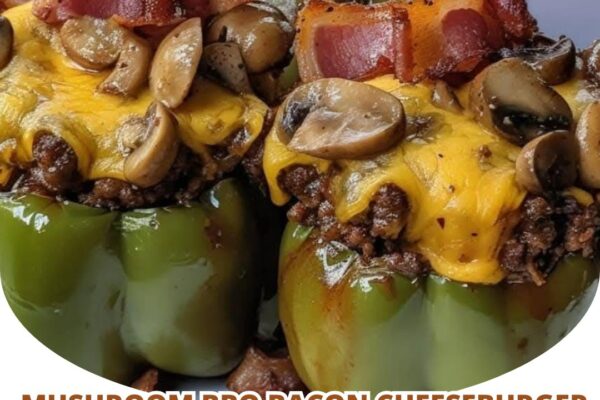 Juicy Mushroom BBQ Bacon Cheeseburger Stuffed Peppers loaded with savory flavors and melty cheese.