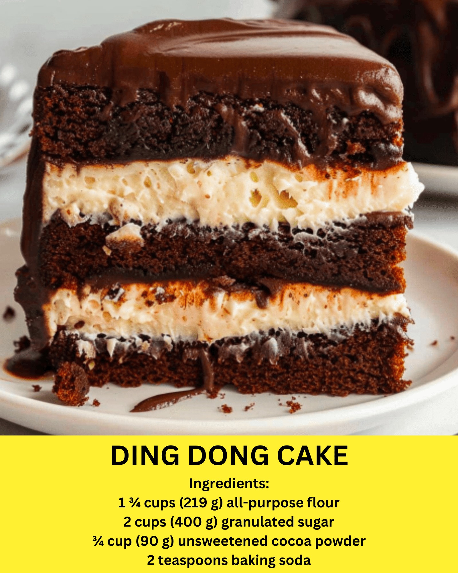 Rich and decadent Ding Dong Cake with layers of moist chocolate cake and creamy filling.