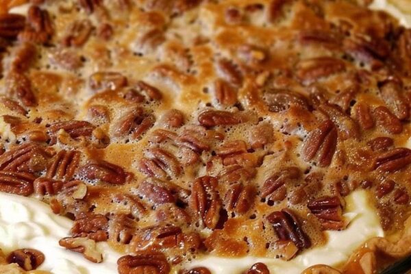 Rich and creamy Pecan Cheesecake Pie with a buttery crust, layered with smooth cheesecake and crunchy pecan topping.