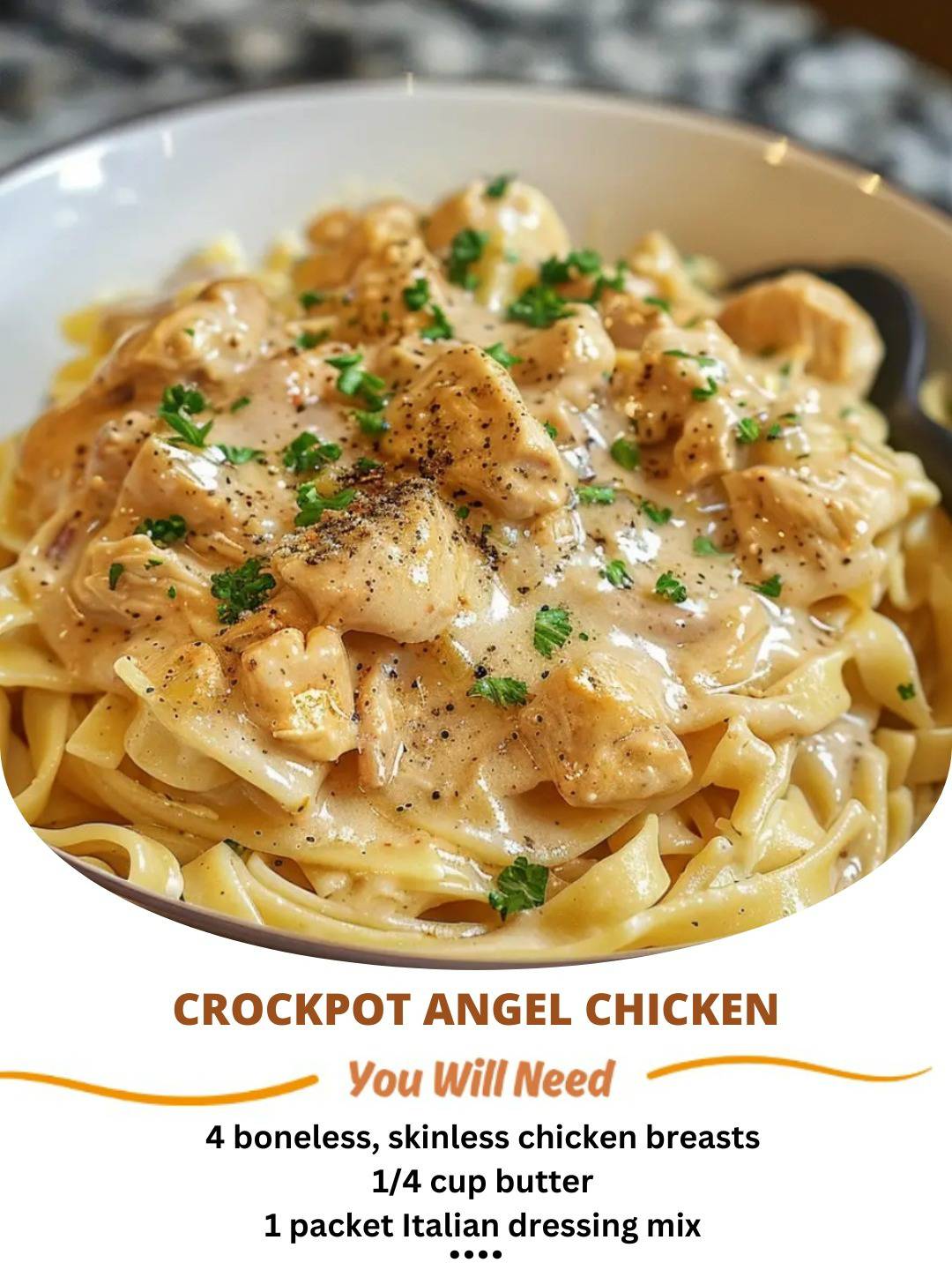 Creamy and tender Crockpot Angel Chicken with a rich sauce, served over pasta or rice.