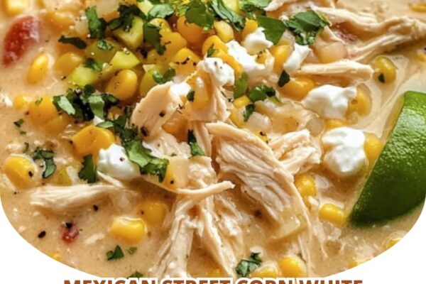 Mexican street corn white chicken chili with creamy broth, roasted corn, and tender chicken"