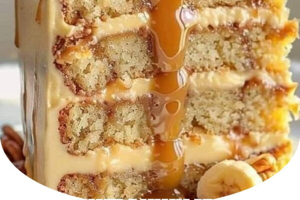 Caramel banana pecan cake with moist layers, crunchy pecans, and a rich caramel drizzle