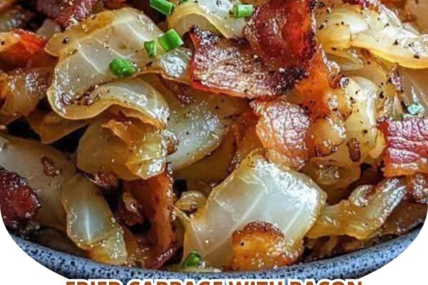 Savory fried cabbage with crispy bacon, caramelized onions, and garlic for a flavorful side dish.