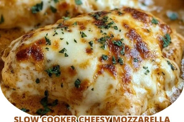 Tender Slow Cooker Cheesy Mozzarella Chicken with a rich, creamy sauce and melted cheese.