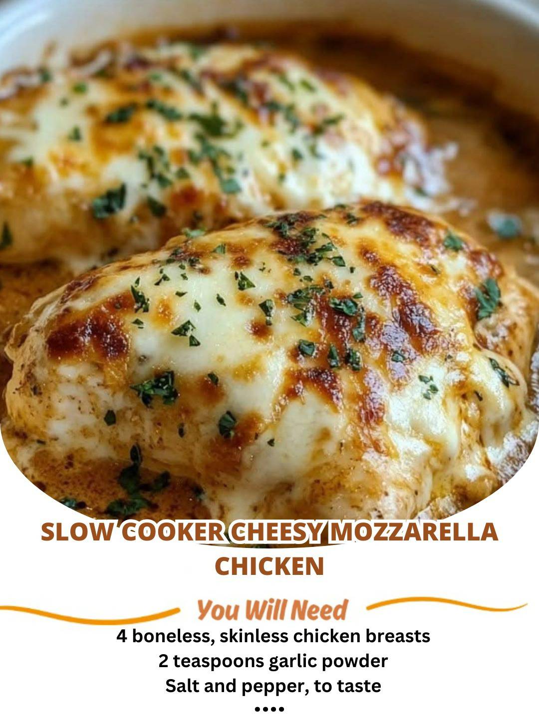 Tender Slow Cooker Cheesy Mozzarella Chicken with a rich, creamy sauce and melted cheese.