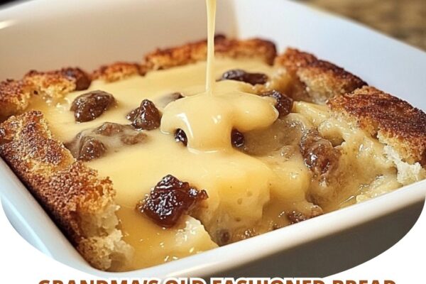 Grandma’s old-fashioned bread pudding with a rich vanilla sauce, served warm and comforting