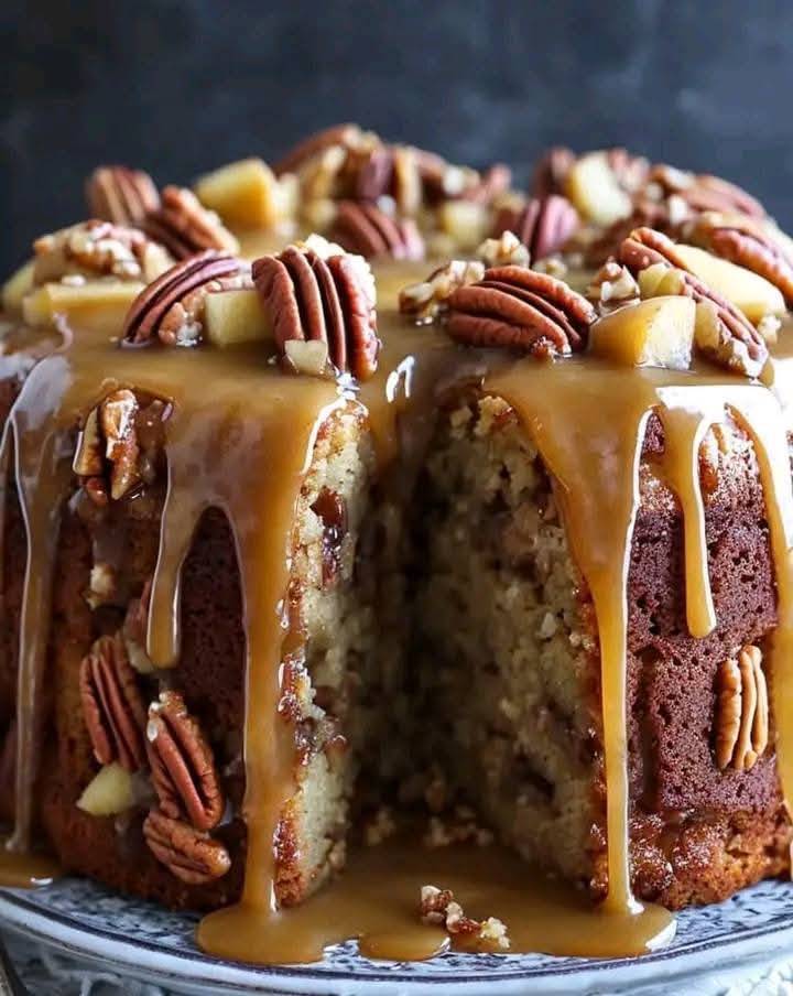 Apple pecan cake with a moist texture, crunchy pecans, and a rich caramel glaze