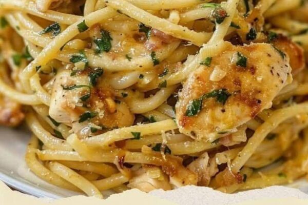 Creamy Monterey chicken spaghetti topped with melted cheese, crispy bacon, and fresh green onions for a flavorful comfort meal.