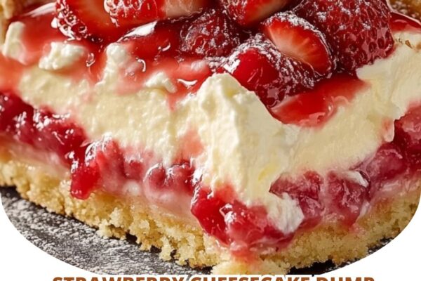 Strawberry cheesecake dump cake with a creamy filling, sweet strawberries, and a golden cake topping