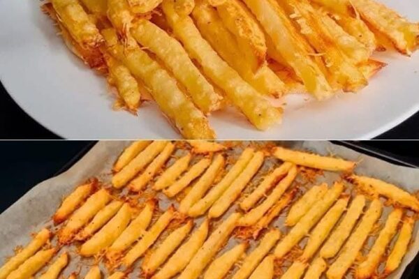 Crispy baked Parmesan potato fries with golden edges and a cheesy garlic flavor