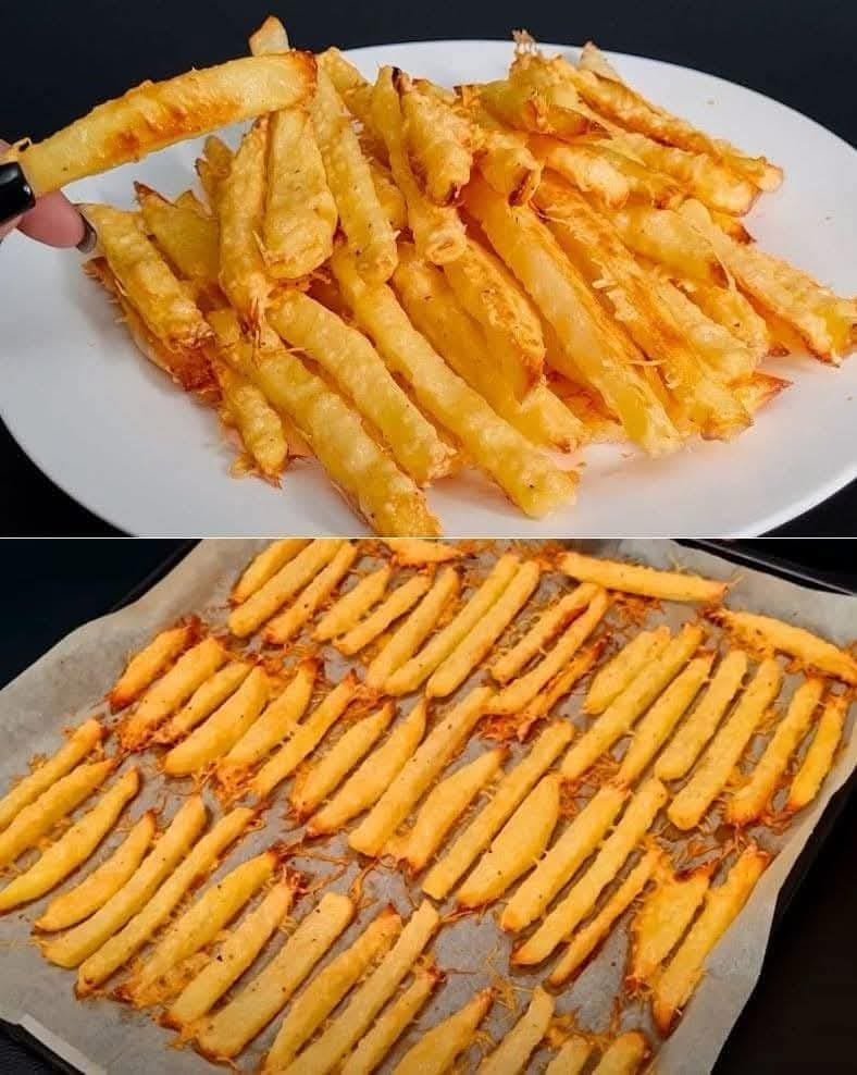 Crispy baked Parmesan potato fries with golden edges and a cheesy garlic flavor