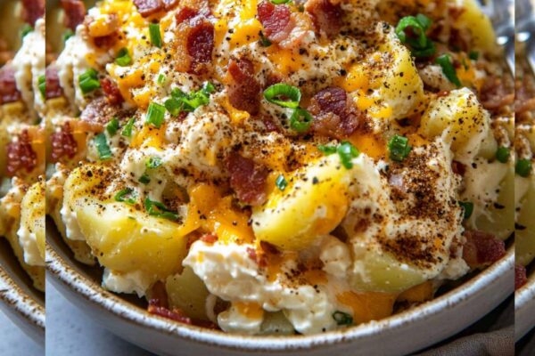 Loaded baked potato salad with crispy bacon, cheddar cheese, and green onions