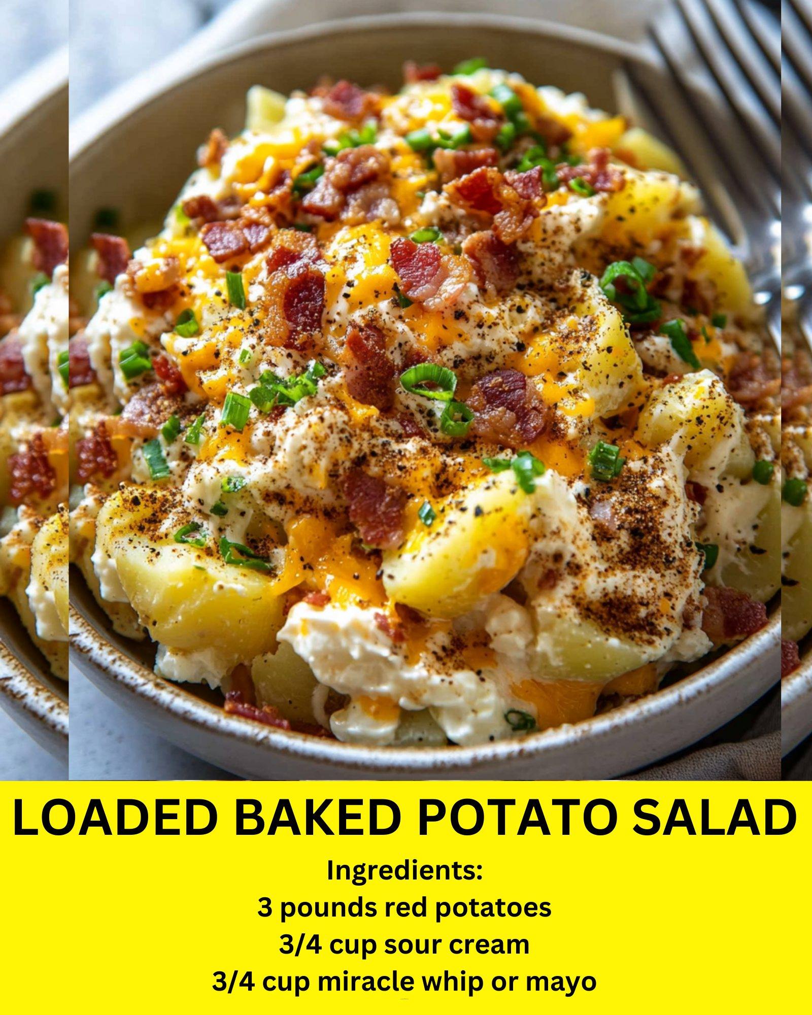 Loaded baked potato salad with crispy bacon, cheddar cheese, and green onions