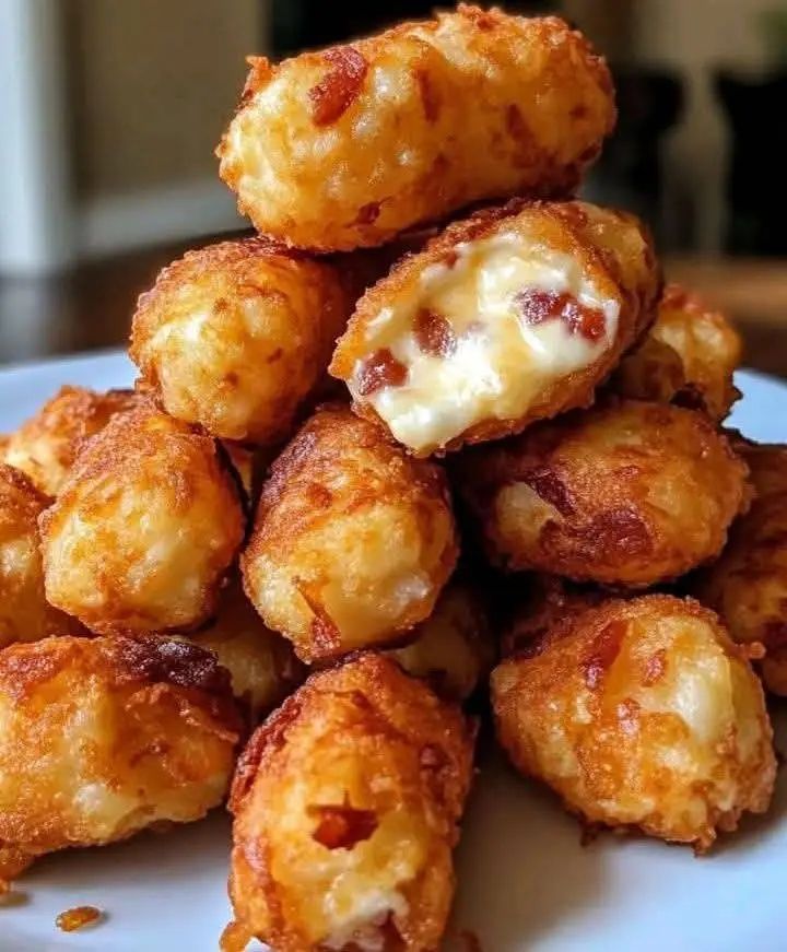 Crispy tater tots stuffed with gooey cheese and crispy bacon, perfect for a delicious appetizer or snack.