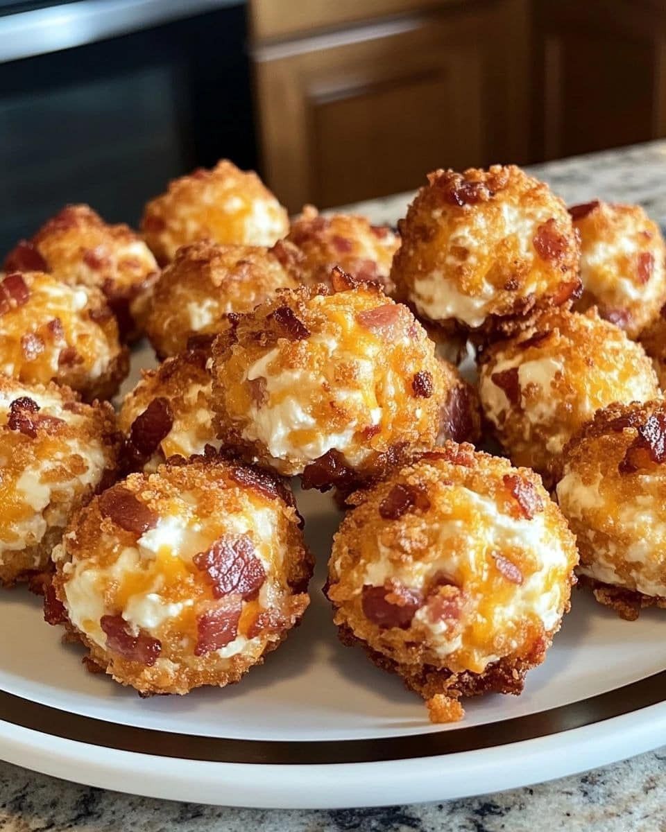 Delicious bacon cheddar cheese balls coated with crispy bacon bits, shredded cheese, and fresh herbs.