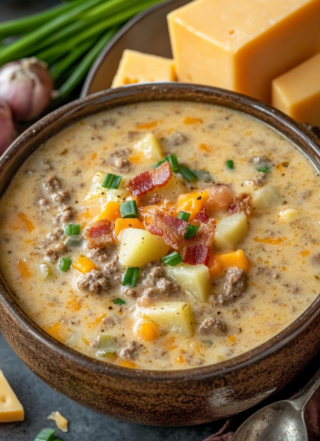 Creamy cheeseburger soup loaded with ground beef, cheddar cheese, potatoes, and savory seasonings.