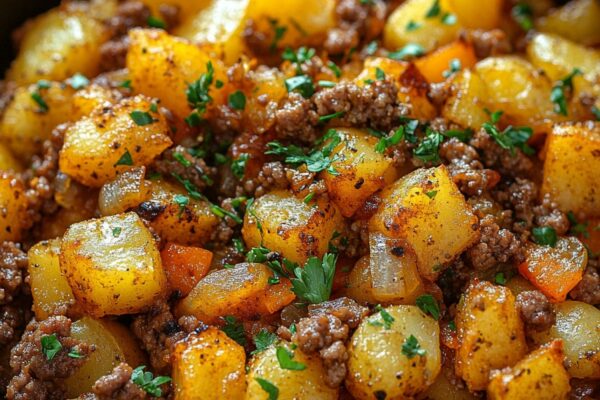 Savory classic hamburger hash with seasoned ground beef, crispy potatoes, and sautéed onions.