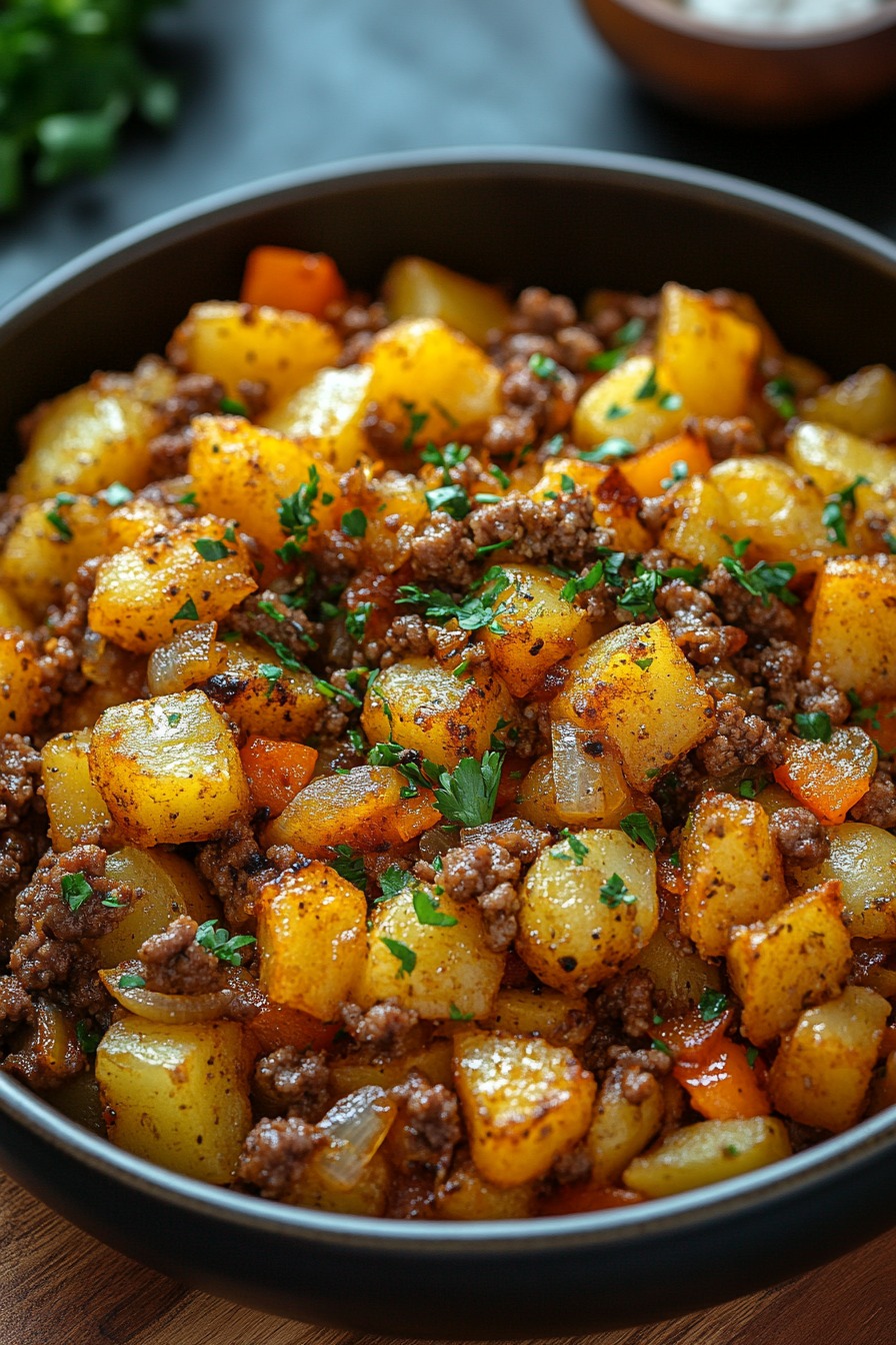 Savory classic hamburger hash with seasoned ground beef, crispy potatoes, and sautéed onions.