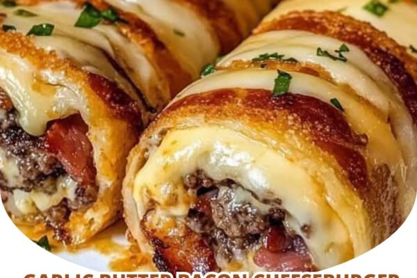 Delicious garlic butter bacon cheeseburger rollups filled with juicy beef, crispy bacon, and melted cheese