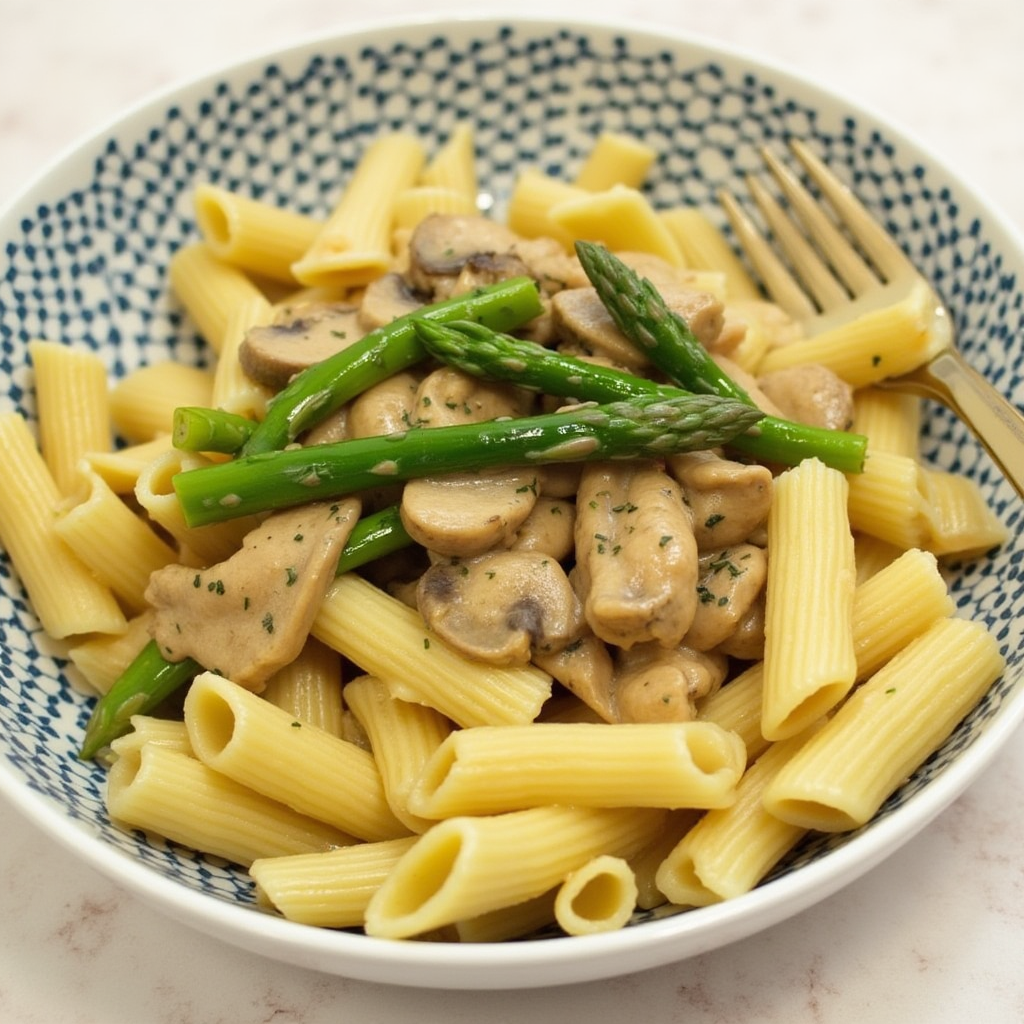 Rich and creamy penne pasta with tender chicken, sautéed mushrooms, and fresh asparagus in a garlic Parmesan sauce.