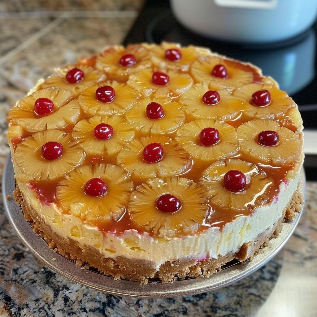 Delicious homemade pineapple upside-down cheesecake with a caramelized pineapple topping and creamy cheesecake filling.