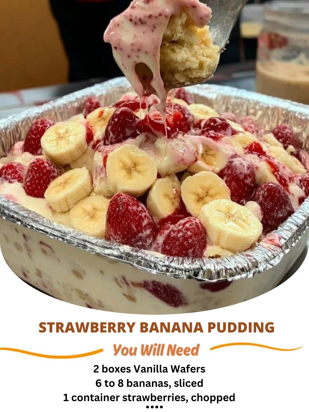 Creamy strawberry banana pudding with layers of fresh fruit, vanilla wafers, and smooth custard.