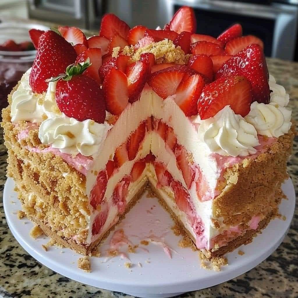 Homemade strawberry shortcake with fluffy biscuits, fresh strawberries, and whipped cream.