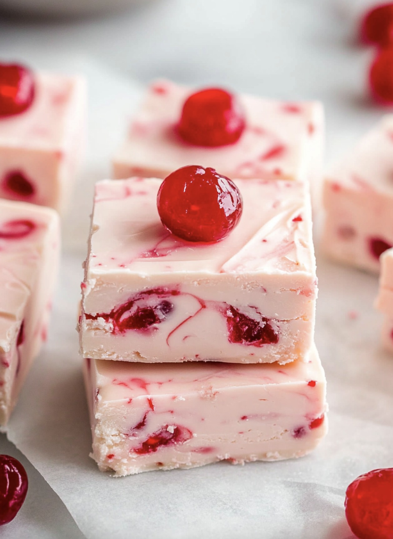 Creamy white chocolate cherry fudge with a rich, smooth texture and bursts of sweet cherries.