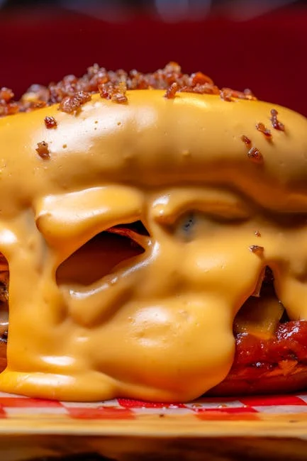 Mac and cheese-stuffed burger with crispy bacon topping
