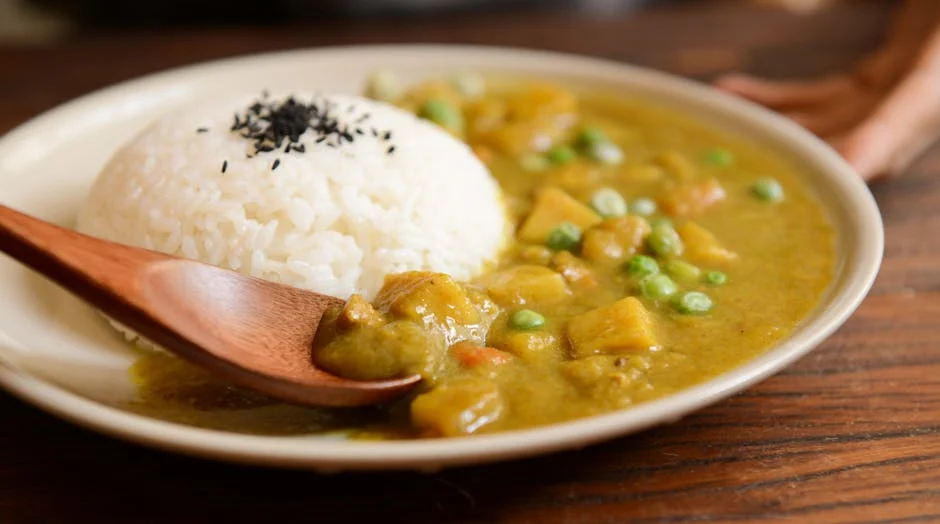 Tofu korma curry with peas and potatoes