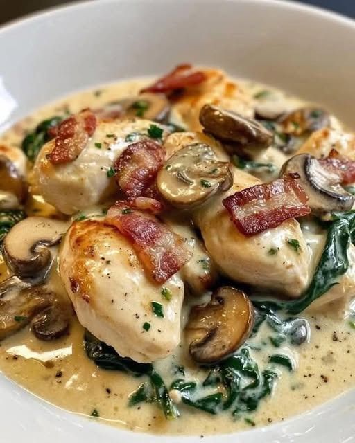 Saut�ed Chicken with Creamy Spinach, Bacon, and Mushrooms