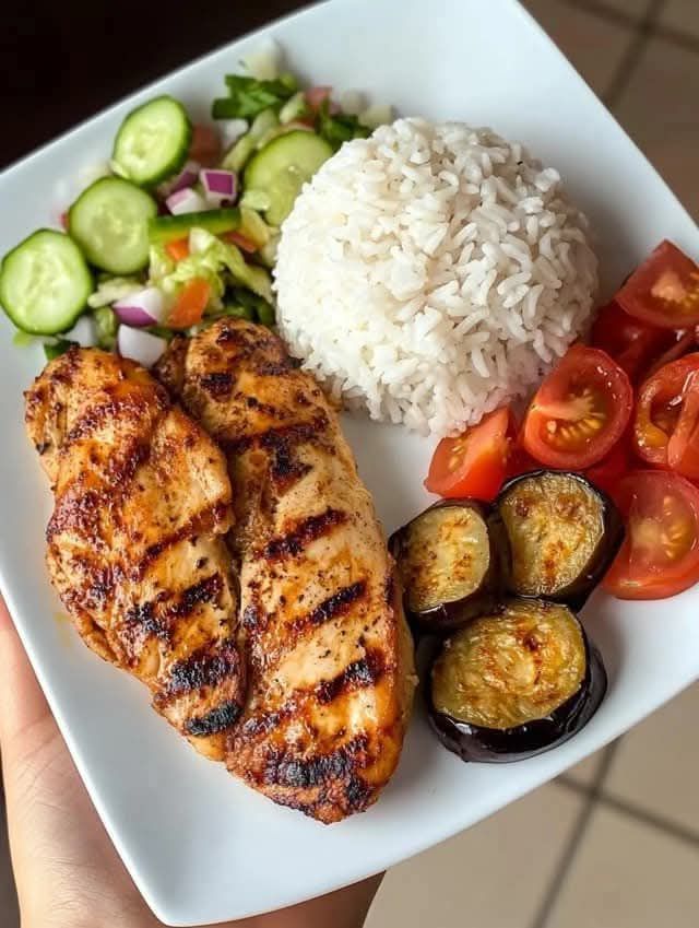 Grilled Chicken, Rice & Crispy Fried Eggplant Plate