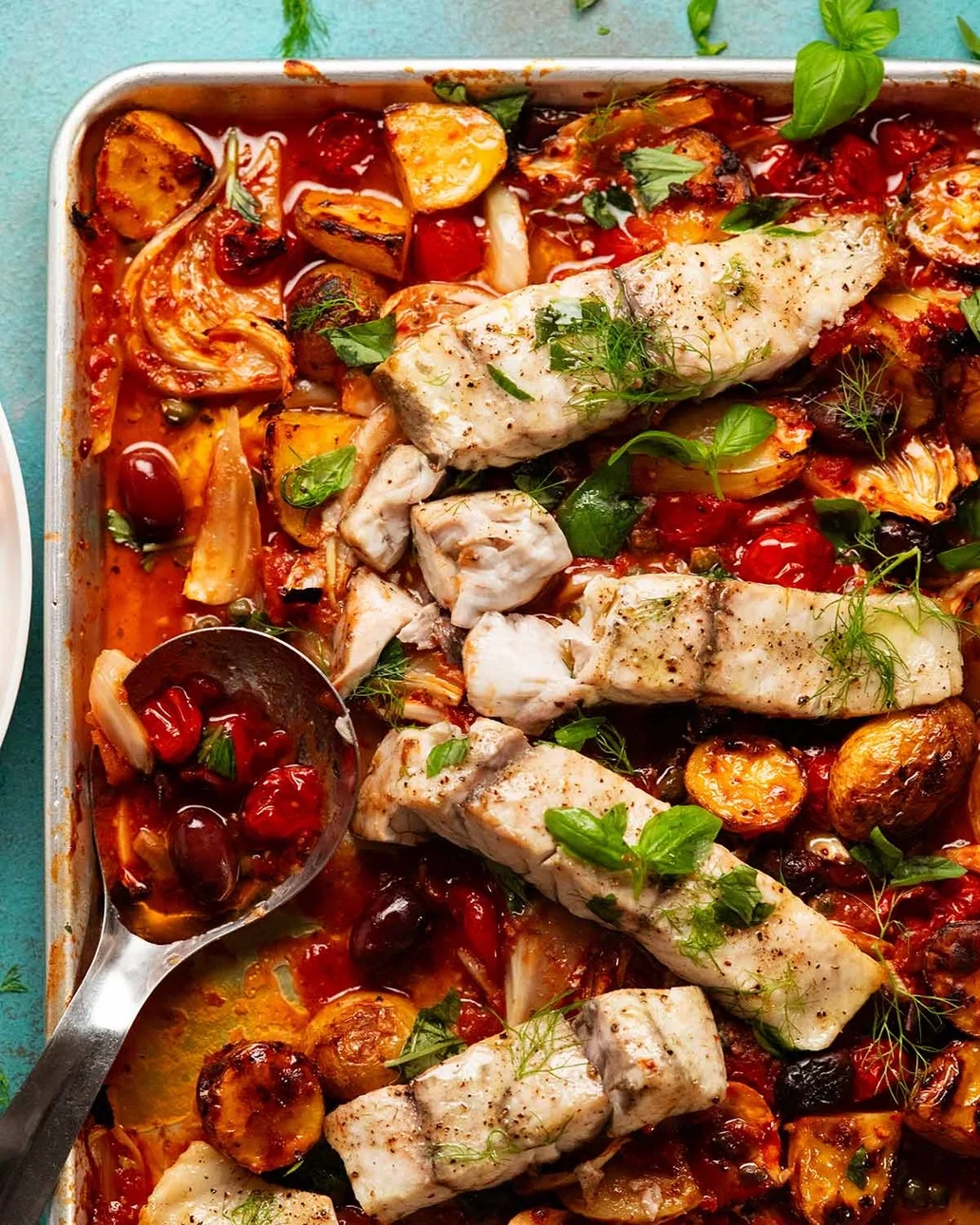Puttanesca fish tray bake