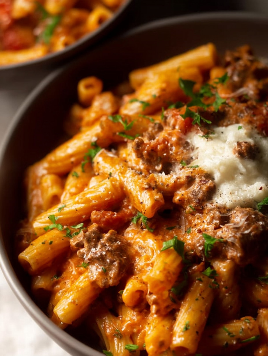 Here’s a simple recipe for One Pot Creamy Tomato Beef Pasta: